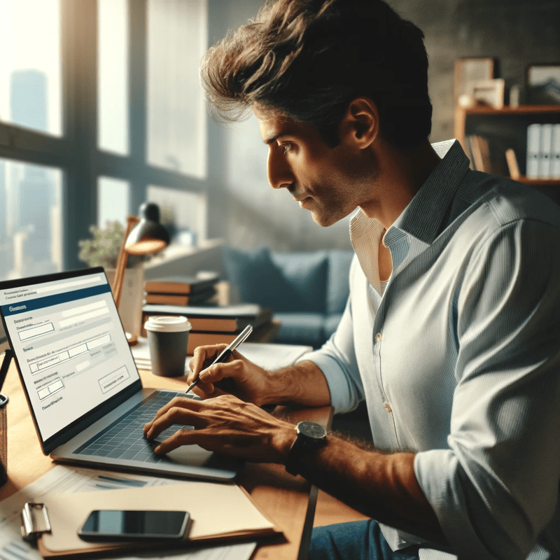 An image of a person sitting at a desk, filling out a form on a laptop. The person is focused and determined, wearing casual business attire.