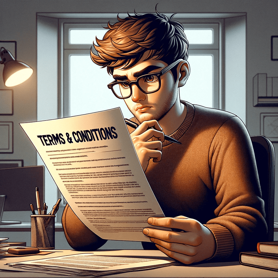 An image in a semi-realistic cartoon style depicting the concept of Terms and Conditions. The image shows a character, styled as a thoughtful adult.